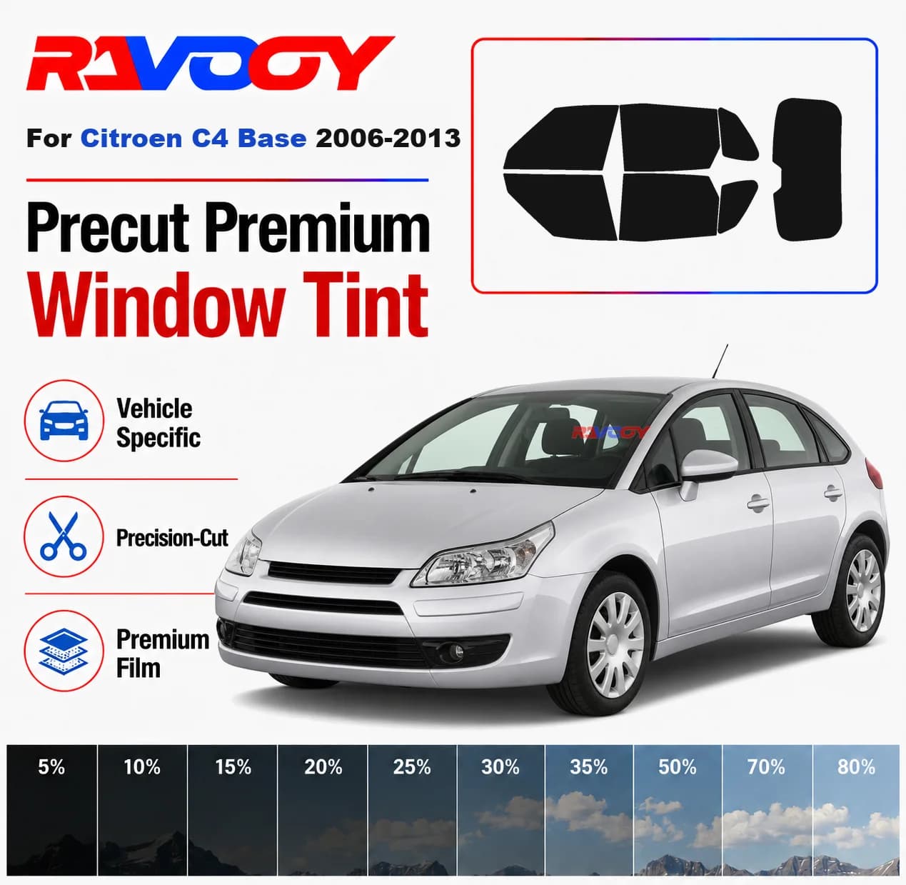 Premium Precut Window Tint Kit Front Rear Windows Rear Windshield For Citroen C4 Base 2006-2013 Complete Set Nano Ceramic Film