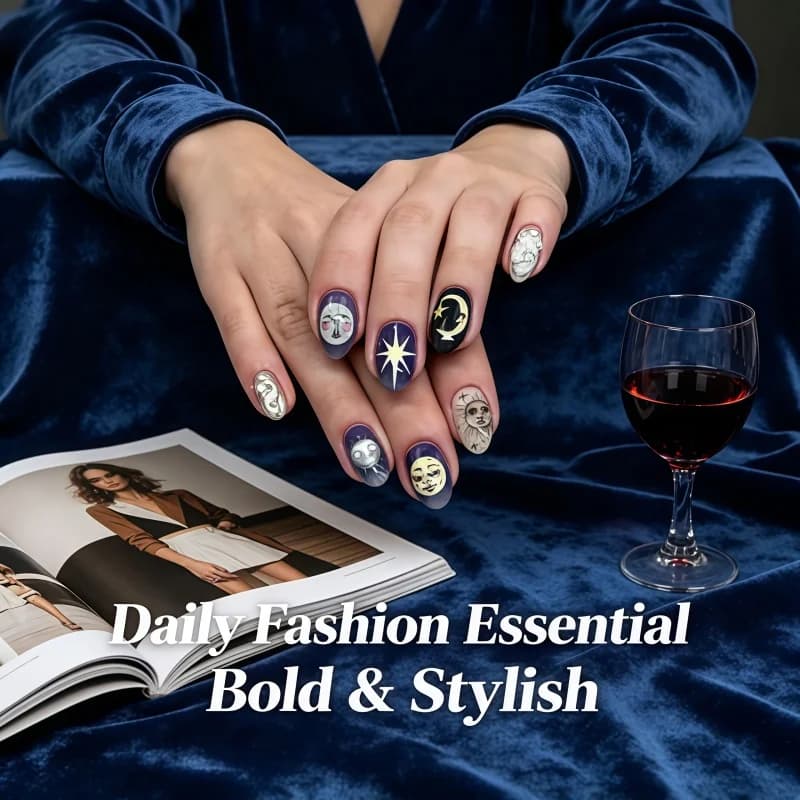 2026 New 24PCS Hand-drawn illustration style Stars moons the sun god wearing nail art High-end oval artificial nails