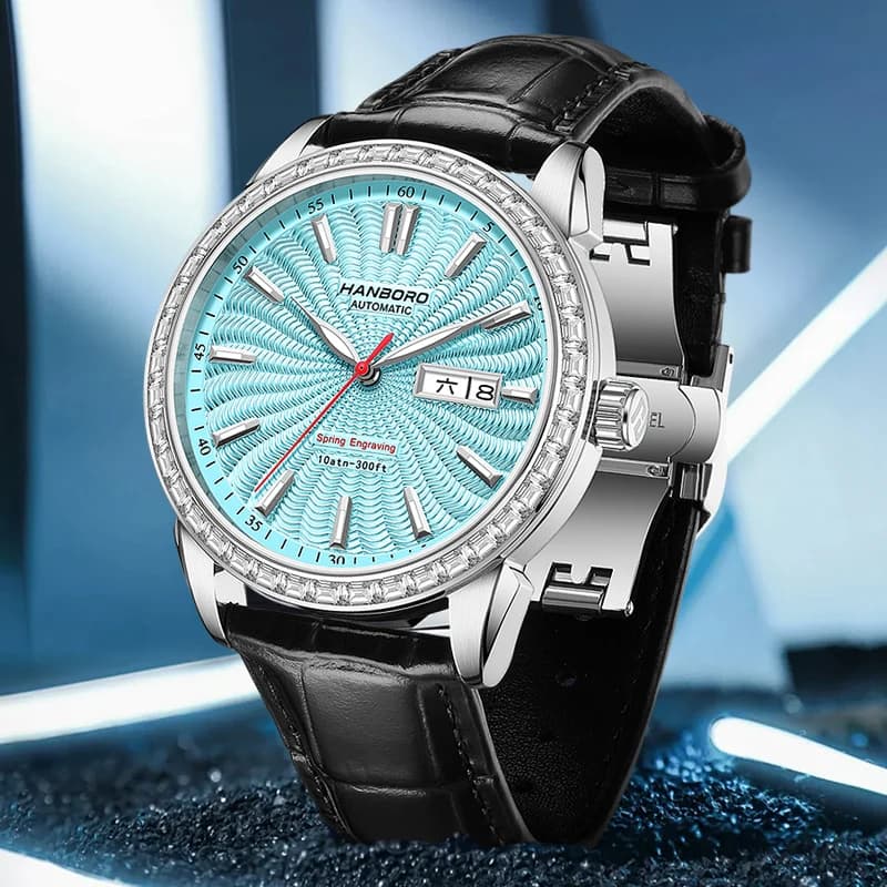 HANBORO Men's Automatic Watch 41.5 mm Mechanical Wrist Watch Luminous Crystal Bezel Luminous Sapphire Double Calendar Date of the week Solar Rays Dial