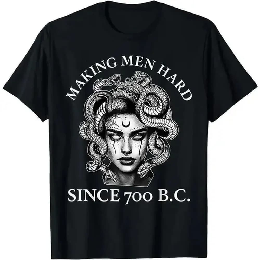 Men's Medusa Graphic Print T-Shirt, Funny Streetwear with 'Making Men Hard' Slogan, Casual Short-Sleeve Crew Neck in Moisture-Wicking Cotton Fabric, Menswear, Humor Graphic Tee, Unisex Cotton Tee, Round Neck, Funny Graphic Tee