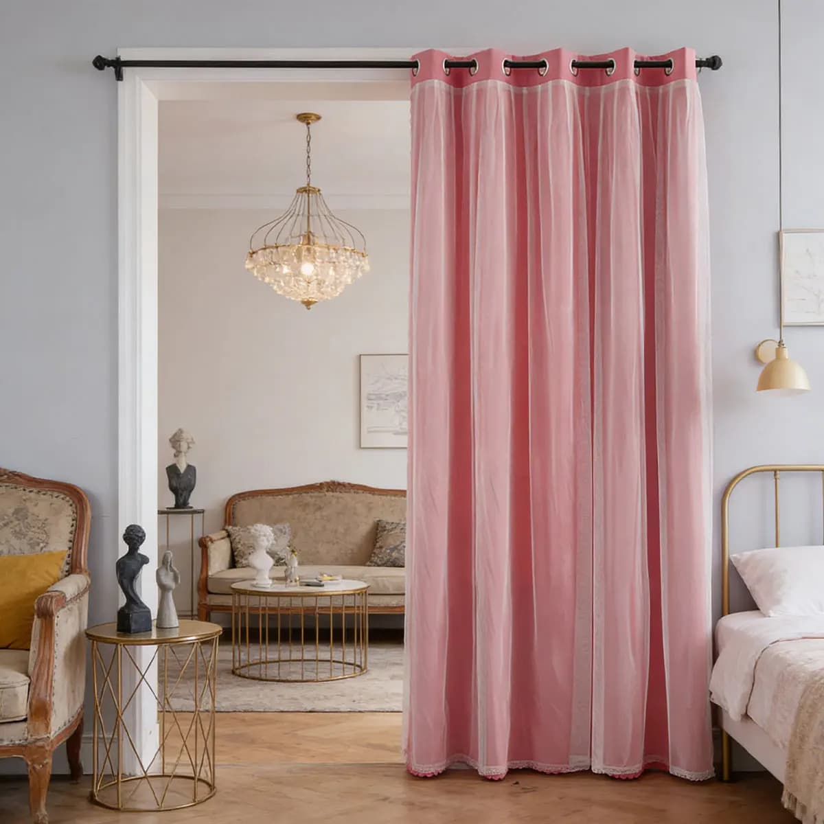 1pc Double Layer Sheer Overlay Curtain, Princess Style Grommet Curtain for Bedroom & Room Divider