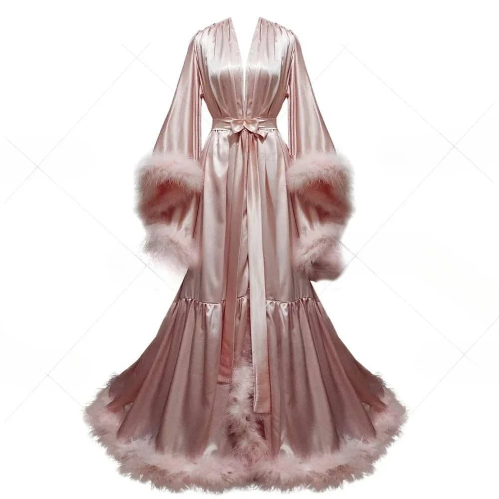 Accappatoio Personalizzato da Donna con Maniche a Campana, Vestaglia Nuziale con Piume, Camicia da Notte in Seta, Abito Lungo da Sposa, Sciarpa, Vestito per Fotografia