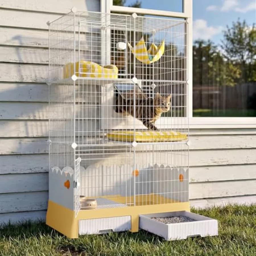 Gabbia per gatti grande su ruote, recinto per gatti con lettiera per 1-3 gatti, Catio da esterno 35,5 L x 21,6 L x 62,2 H, cuccia da interno per gatti