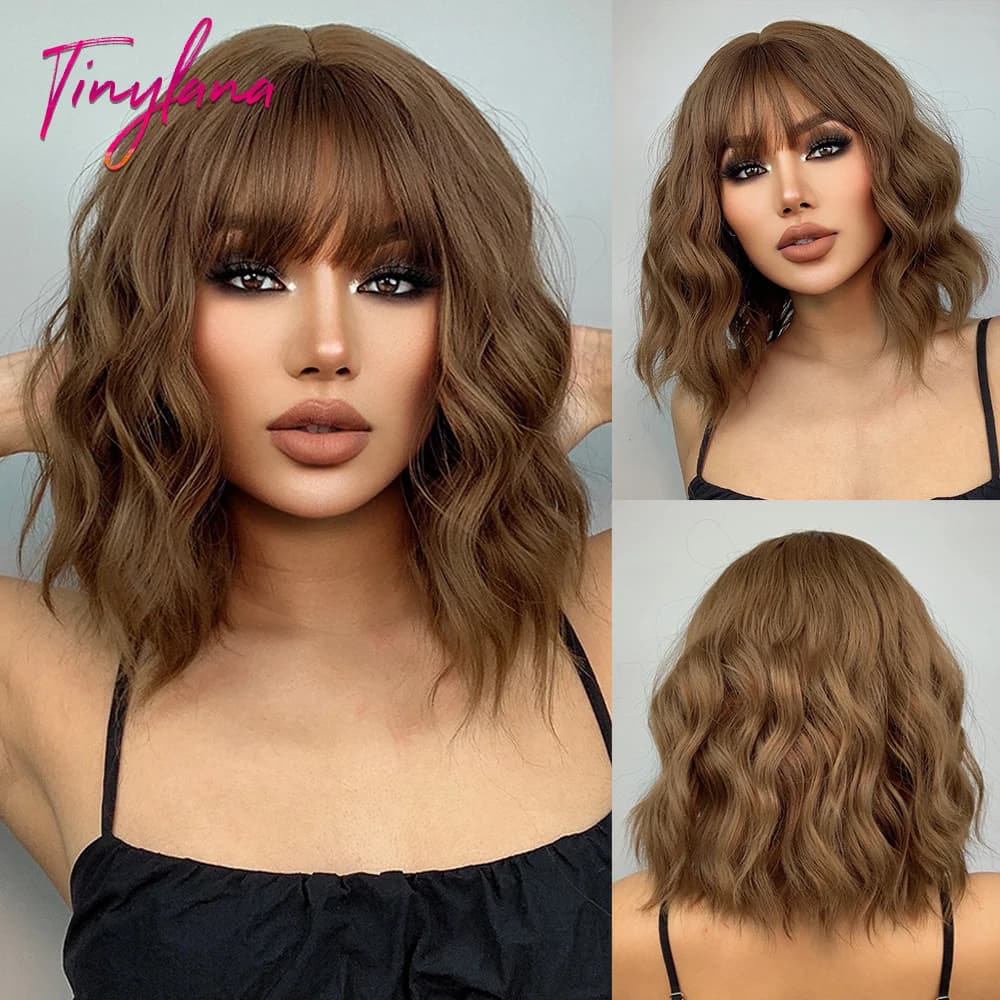 Parrucche sintetiche corte ondulate in rame marrone miele con frangia Parrucca cosplay Lolita Bob per donne Capelli afro naturali resistenti al calore quotidiano