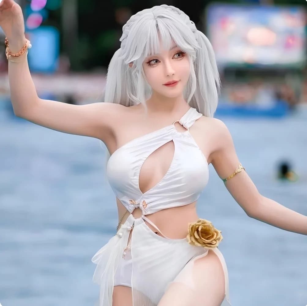 Naraka: Bladepoint Ji Yingying - Costume da bagno cosplay "Midsummer White Sun" - Abito sexy per performance sul palco e feste di Halloween