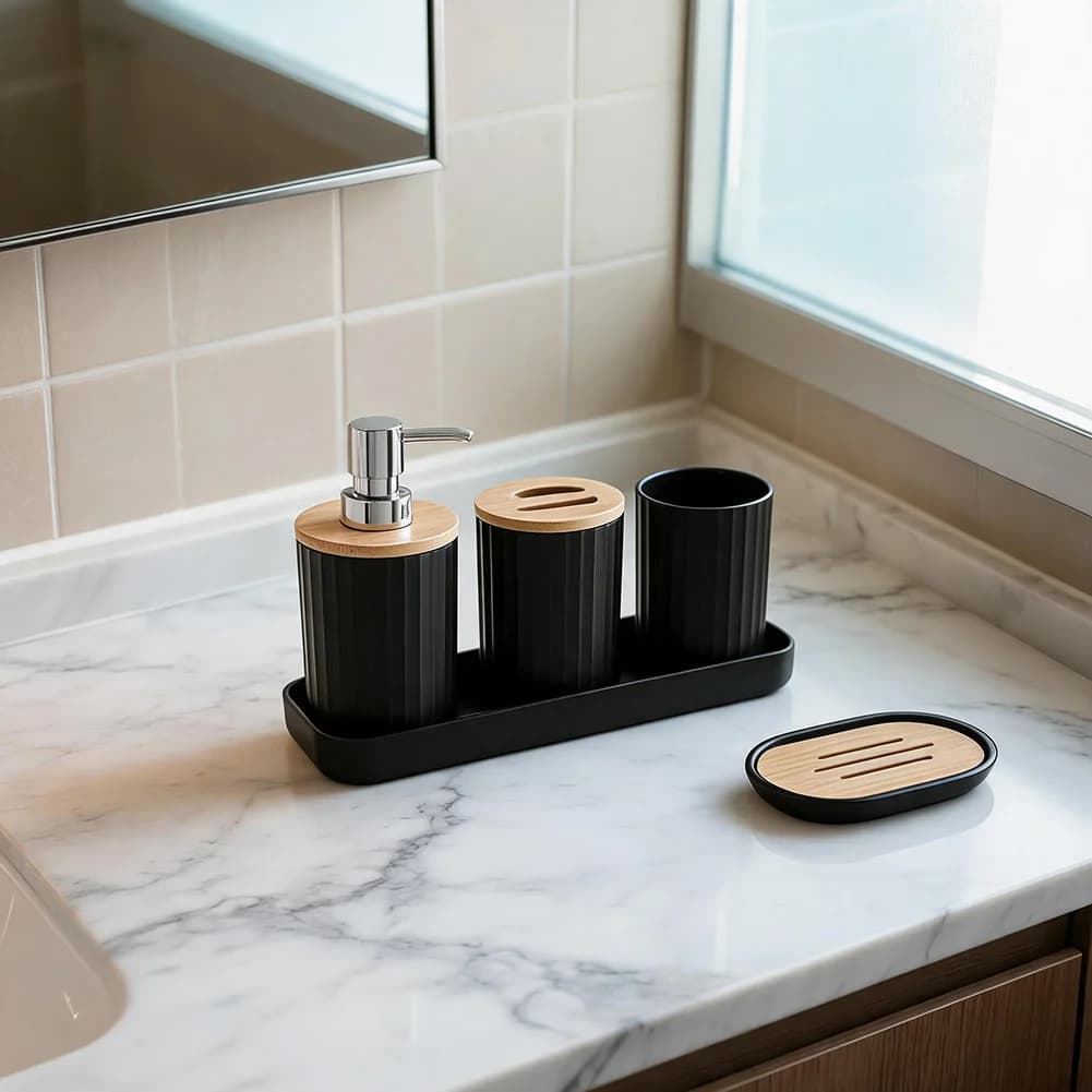 Black and White Bathroom Accessories Set PP Wood Construction Soap Dispenser Toothbrush Holder Mouthwash Cup Soap Box Tray