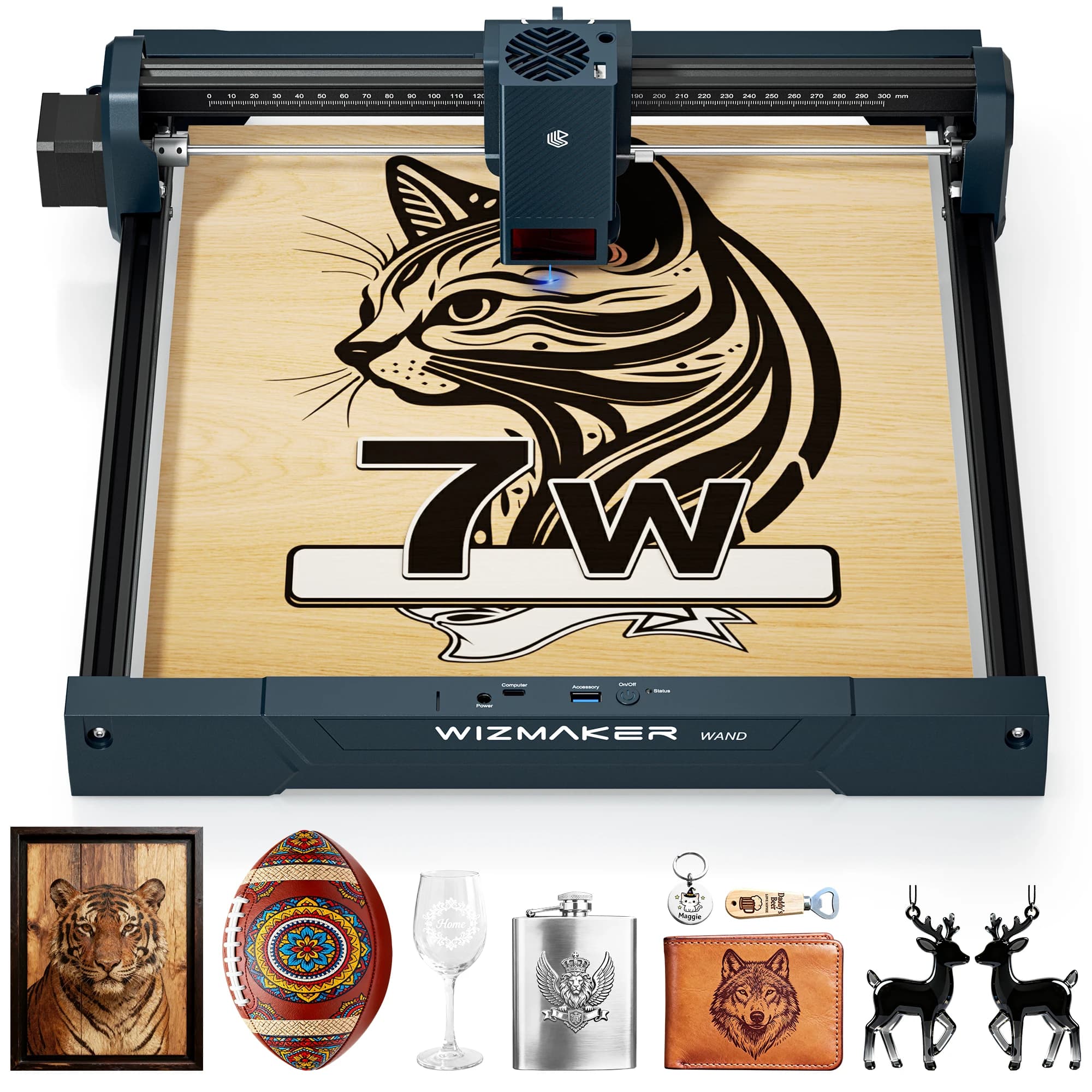 WIZMAKER WAND Incisore Laser Portatile 7W, Macchina Bluetooth Fai-da-Te per Incisione su Targhette per Cani, Carta, Pelle, Legno, Pietra, Logo