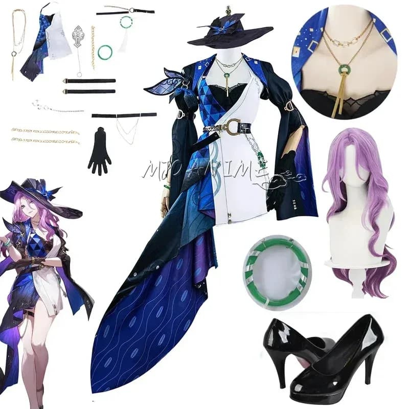 Gioco "Beppe: Starry Railway" Costume cosplay smeraldo, cappello, parrucca anime e scarpe, adatto per feste di Halloween e Natale