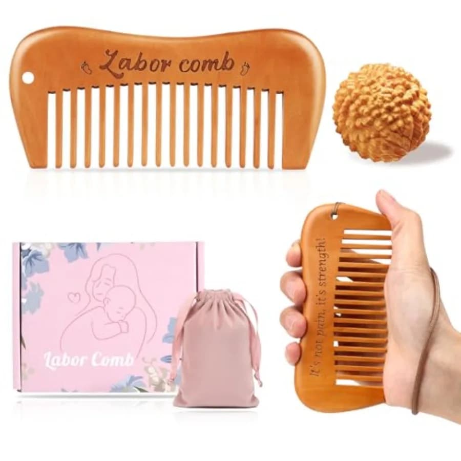 Birthing Comb and Acupressure Massage Ball Set for Labor Pain, Wooden Labor Comb for Women Labor and Delivery Essentials, Pregn