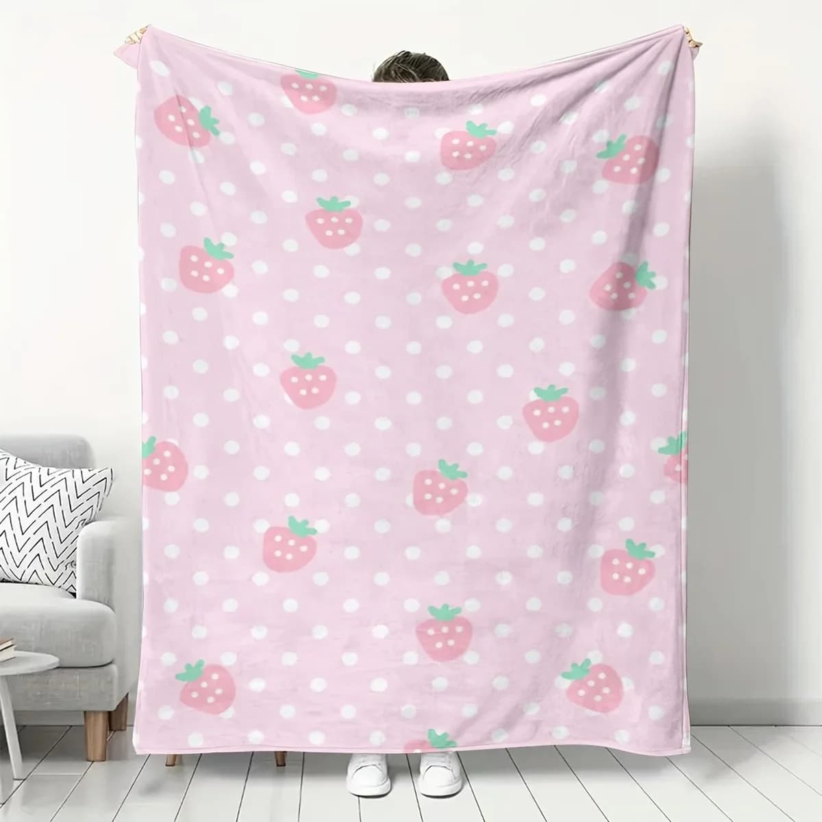 Coperta in Flanella con Stampa Fragole Rosa, Morbida e Calda, per Casa, Cucina, Divano, Campeggio e Relax