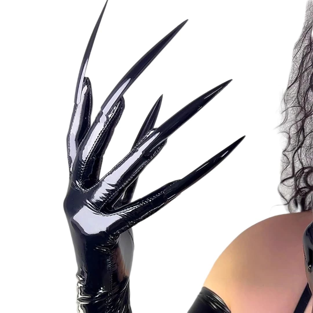 DooWay Guanti per unghie lunghi in lattice Olio Nero lucido Wetlook Guanti di gomma lunghi 70 cm con NAILS Ecopelle Ultra sottile TECH Cosplay