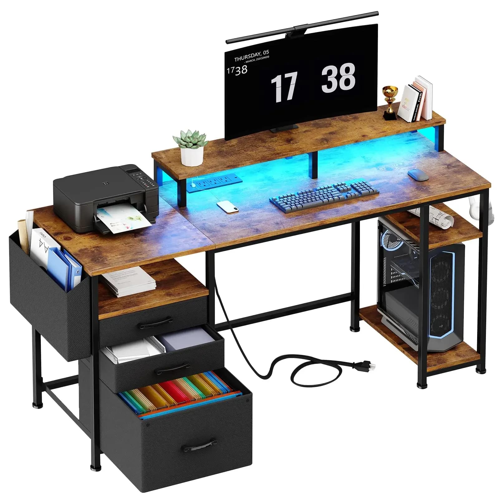 Scrivania per computer in vendita calda con luci a LED e prese di corrente Scrivania per ufficio domestico Scrivania da studio con supporto per monitor-Personalizzazione Amazon
