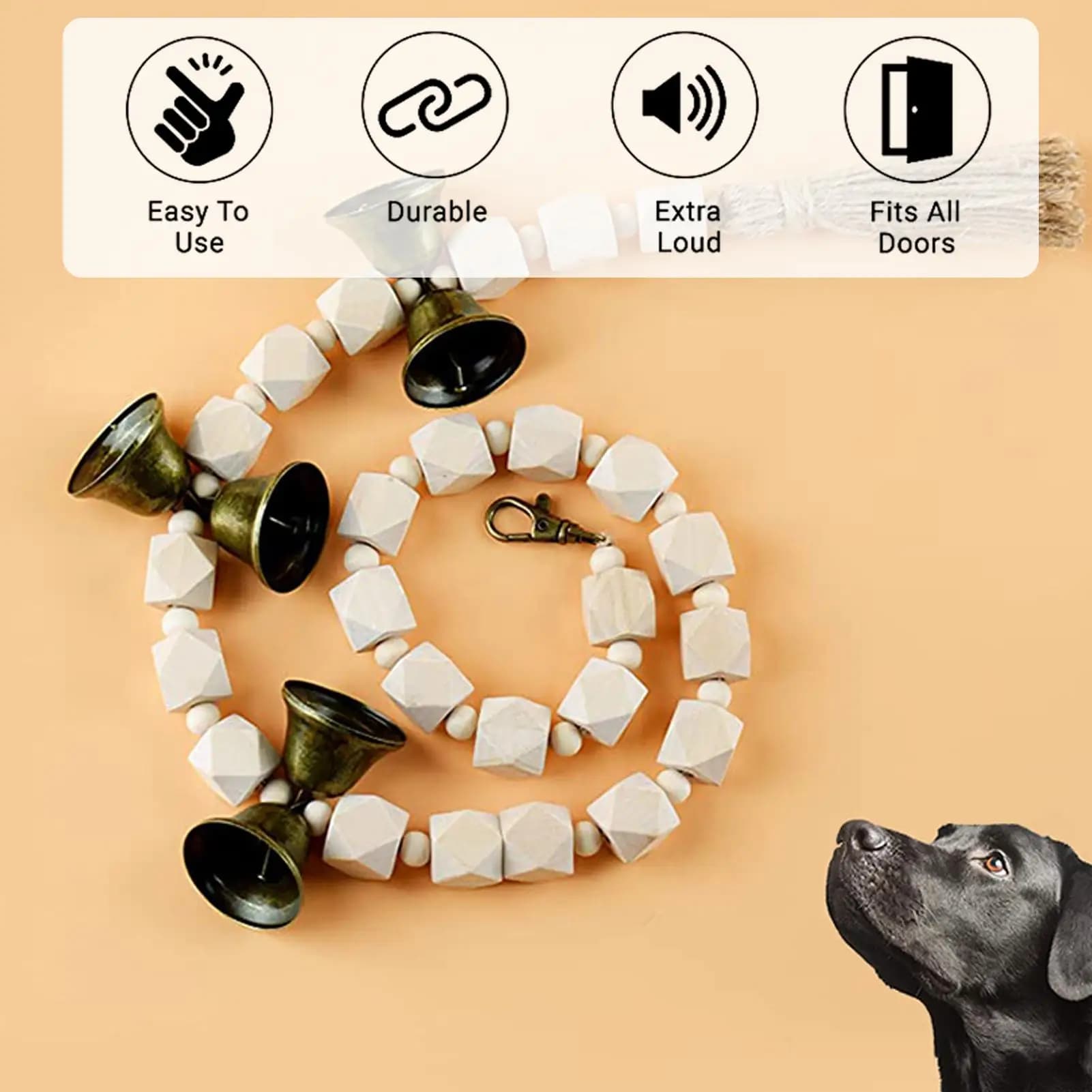 Campanelli per cani per porta Allarme per trainer regolabile Campanello per addestramento per vasino per cani con perline in legno per bagno Camera da letto Patio Toilette esterna