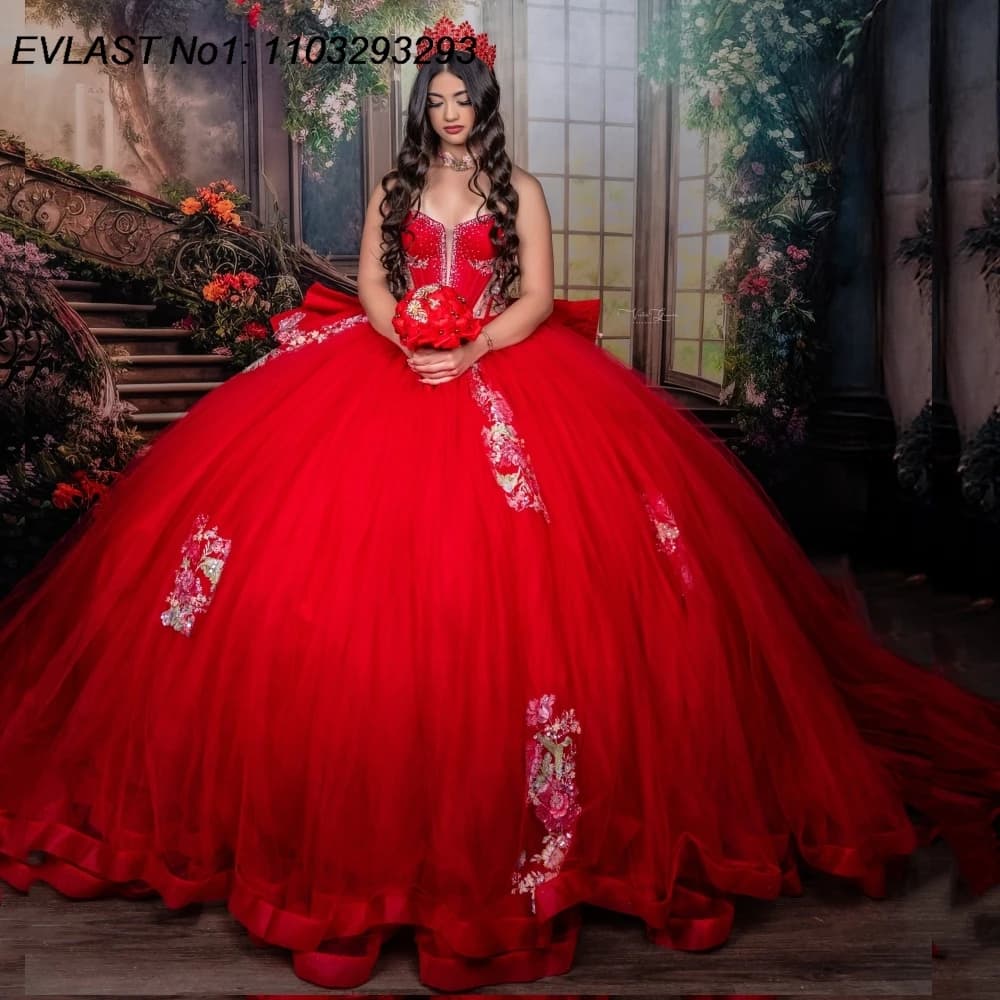 EVLAST Customized Glitter Red Quinceanera Dress Ball Gown Floral Applique Beading Party Sweet 16 Dress Vestidos De 15 Anos AQ600