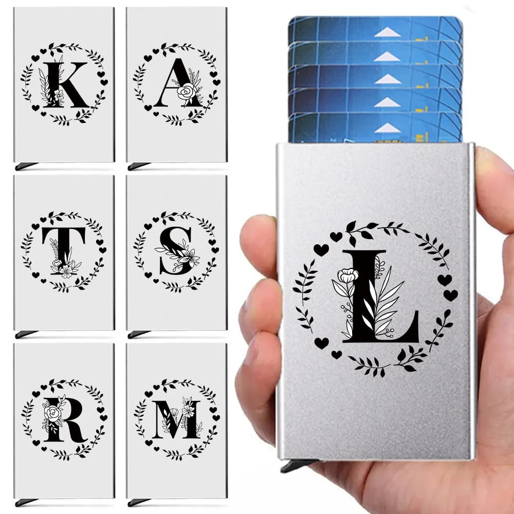 Portacarte con Blocco RFID e NFC, Protezione Automatica per Carte Bancarie, Custodia per Carte di Credito con Apertura a Scatto, Motivo a Lettere e Ghirlande