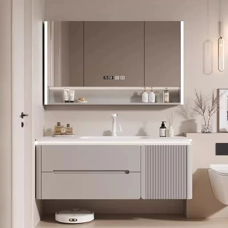 Mobile Bagno Moderno Minimalista Classico in Legno Massello con Specchio Intelligente e Lavabo in Granito Senza Giunzioni per Uso in Magazzini e Ospedali