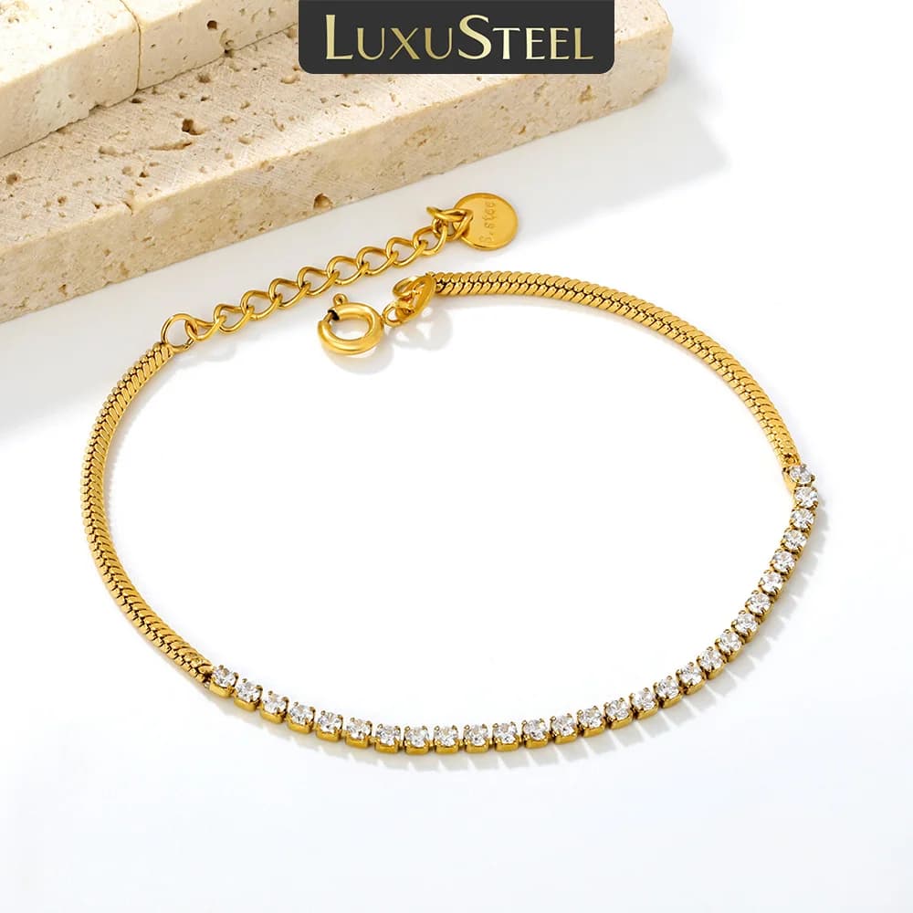 LUXUSTEEL White Cubic Zirconia Bangles For Women Stainless Steel Crystal Bracelets No Fade Bangles for Couple Jewelry Bijoux