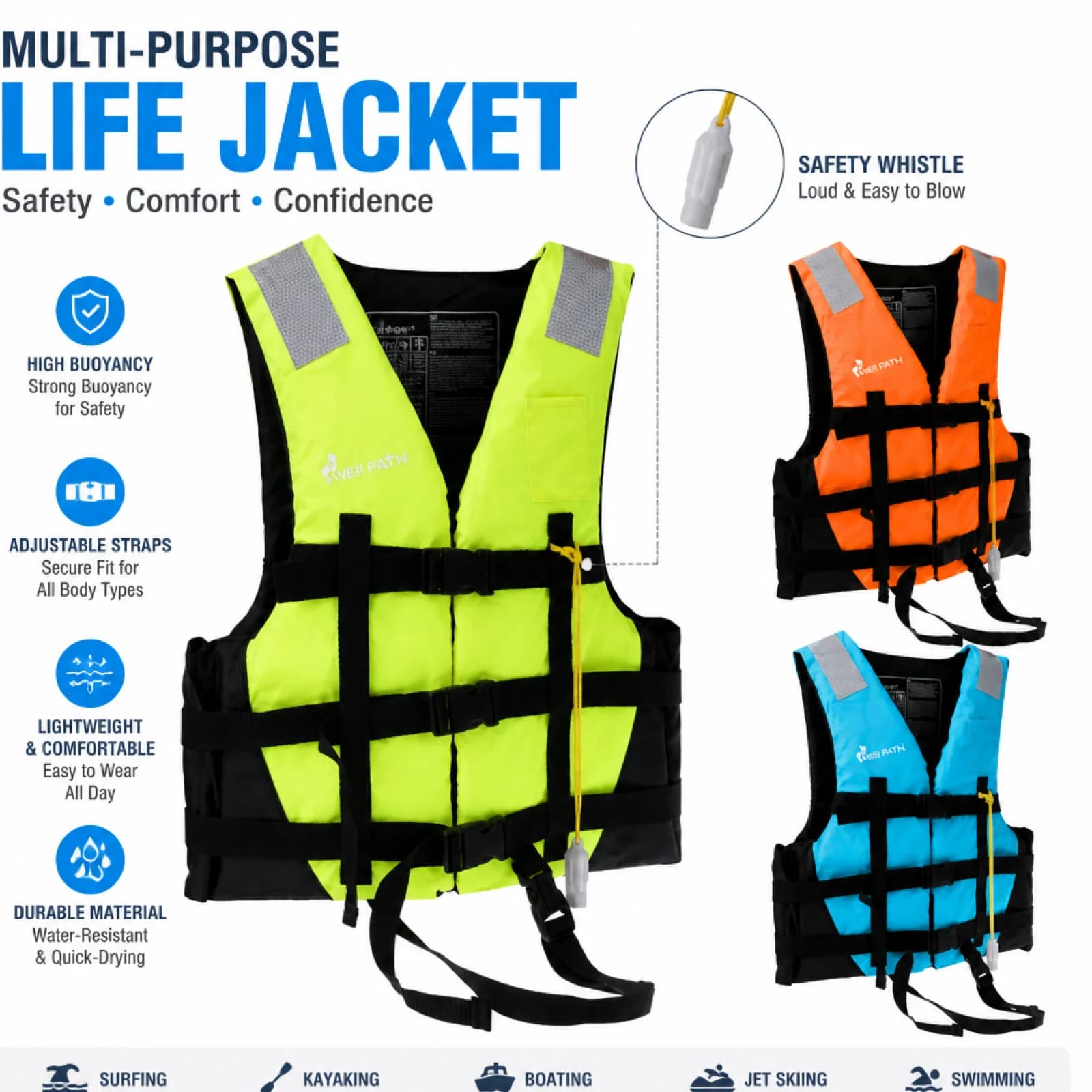 Adjustable Water Sports Life Jacket Buoyancy Vest for Kayak Canoe Boating Fishing and Jet Ski Use