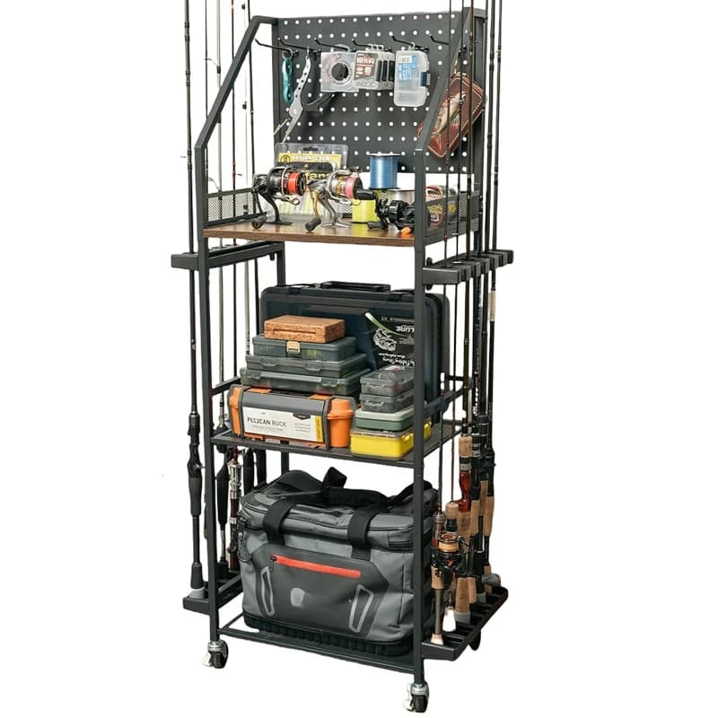 Upgraded carbon steel multi-functional fishing rod storage rack, multi-layer storage rack, tool fishing tackle box, reel storage