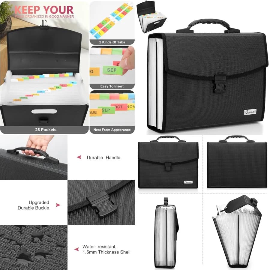 Uquelic Organizzatore per cartelle di file espandibile con 26 tasche - Base per cartelle a fisarmonica con fibbia durevole aggiornata con mano portatile ergonomica