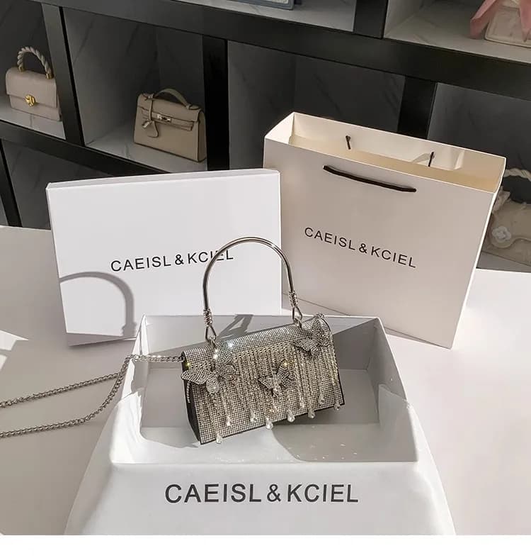 Borsa da banchetto con nappa con diamanti lucidi glitterati Borsa da donna con applicazioni di farfalle alla moda Borsa da sera di lusso con pochette per festa di nozze