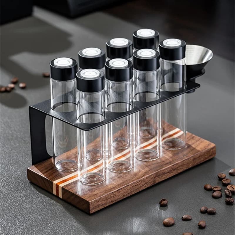 Coffee Beans Storage Containers with One‑way Exhaust Valve 8-Tubes Sealed Glass,Wood Holder and Metal Funnel Barista Accessories