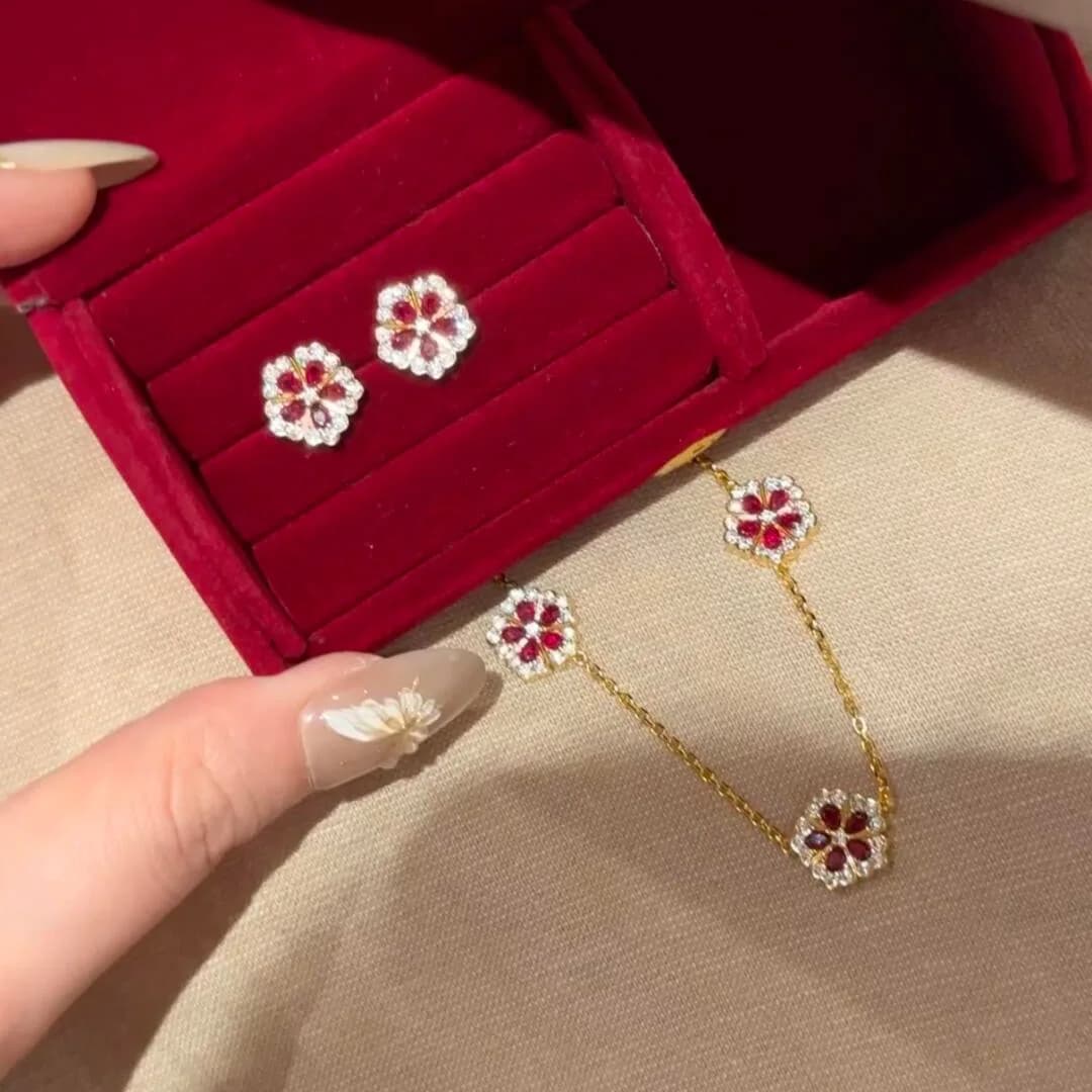 S925 sterling silver necklace stud earrings red peony light luxury high-end red corundum peony flower earrings