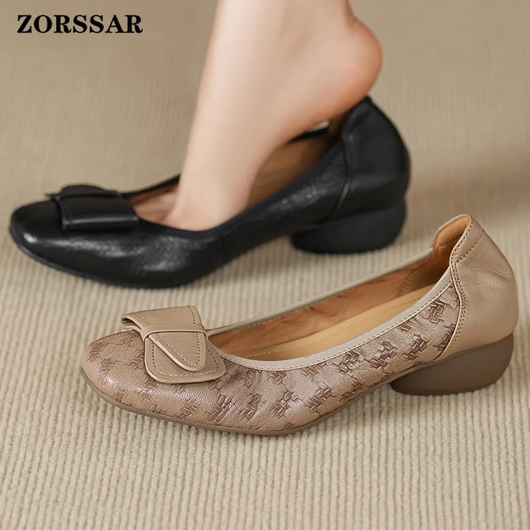 Scarpe da Donna in Pelle di Pecora con Decorazione a Fiocco, Punta Quadrata, Slip-on, Tacco Basso 3cm, Comode e Morbide per Camminare