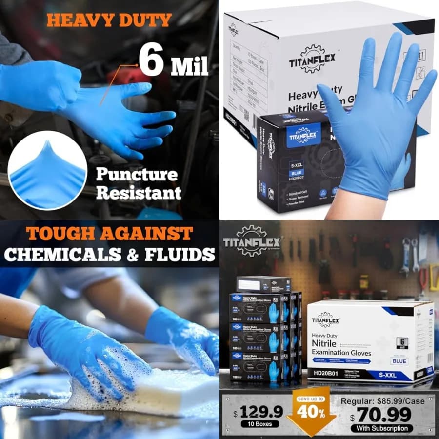 Guanti in Nitrile TitanFlex per Esami, Blu, 6 mil, Guanti in Nitrile Resistenti, Guanti Monouso per Meccanici, Senza Lattice, Senza Polvere