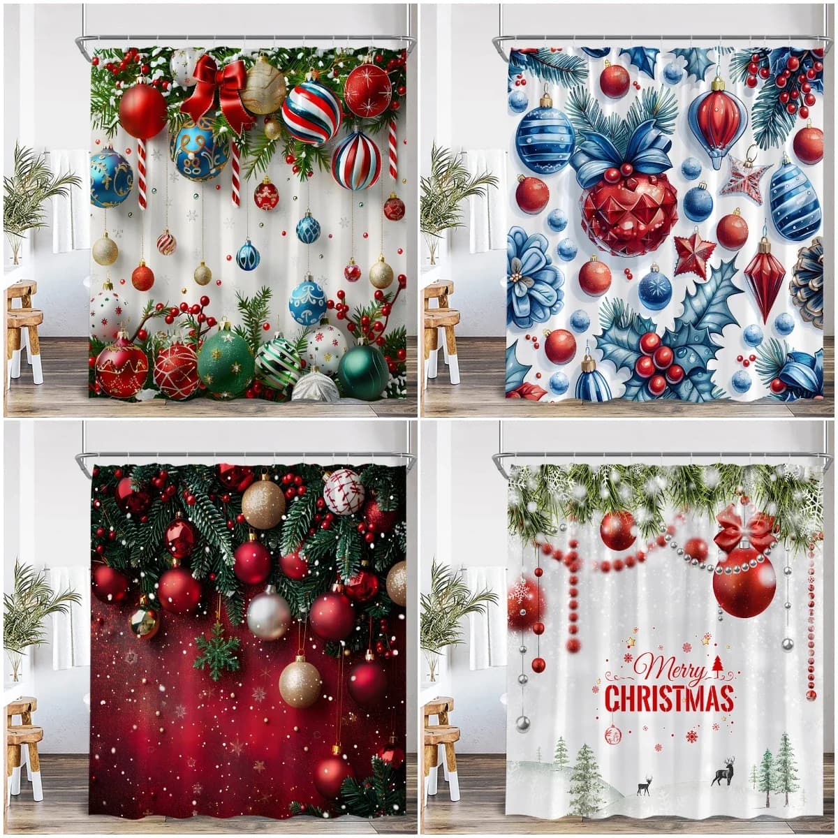 Chritsmas Shower Curtain Red Silvery Ball Xmas Balls Snowflake Pine Leaves Merry Christmas Winter Polyestert Bath Curtain Deco