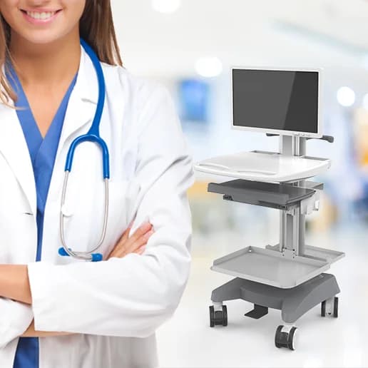 Adjustable industrial design medical workstation trolley with laptop stand metal equipment trolley for hospitals and clinics