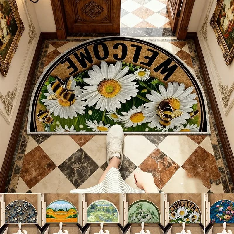 Tappetino semicircolare antiscivolo lavabile in lavatrice - Tappetino per interni/esterni in velluto di cristallo con motivo a foglie verdi, zerbino decorativo