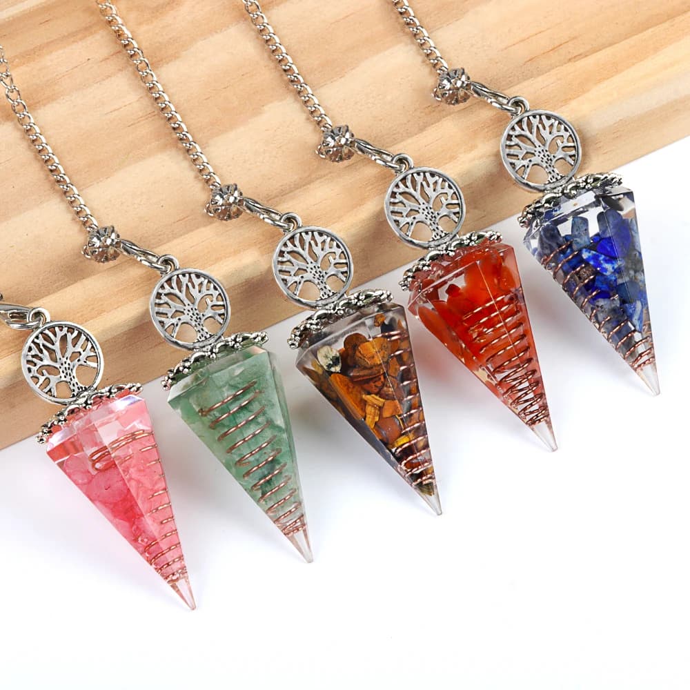 Pendolo pendente in resina 7 Chakra per divinazione Dowsing Guarigione Reiki Wiccan Stregoneria Penduli spirituali 20x52mm