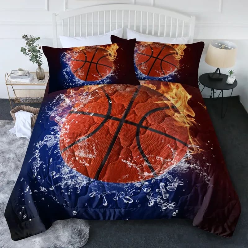 3 piece dynamic basketball duvet set with water fire - Life-size game quilt with slim summer bed linen on burning fire