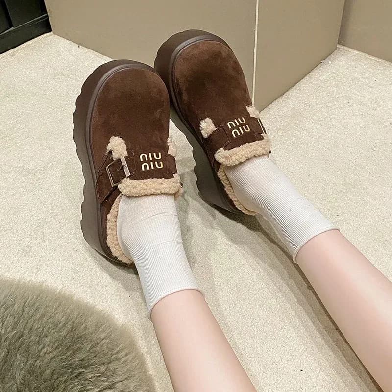Piattaforma da donna Tacchi alti Pantofole in cotone Ciabatte in pelle scamosciata Pelliccia Pantofole in cotone da donna calde Tendenza invernale Stivali da neve Zapatos Mujer