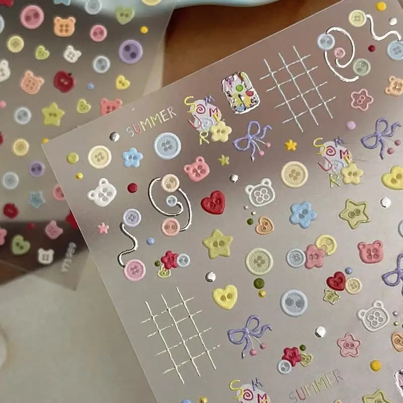 Kawaii Embossed Cartoon Buttons DIY Nail Art Stickers For Scrapbook Journal Material Decor Decals