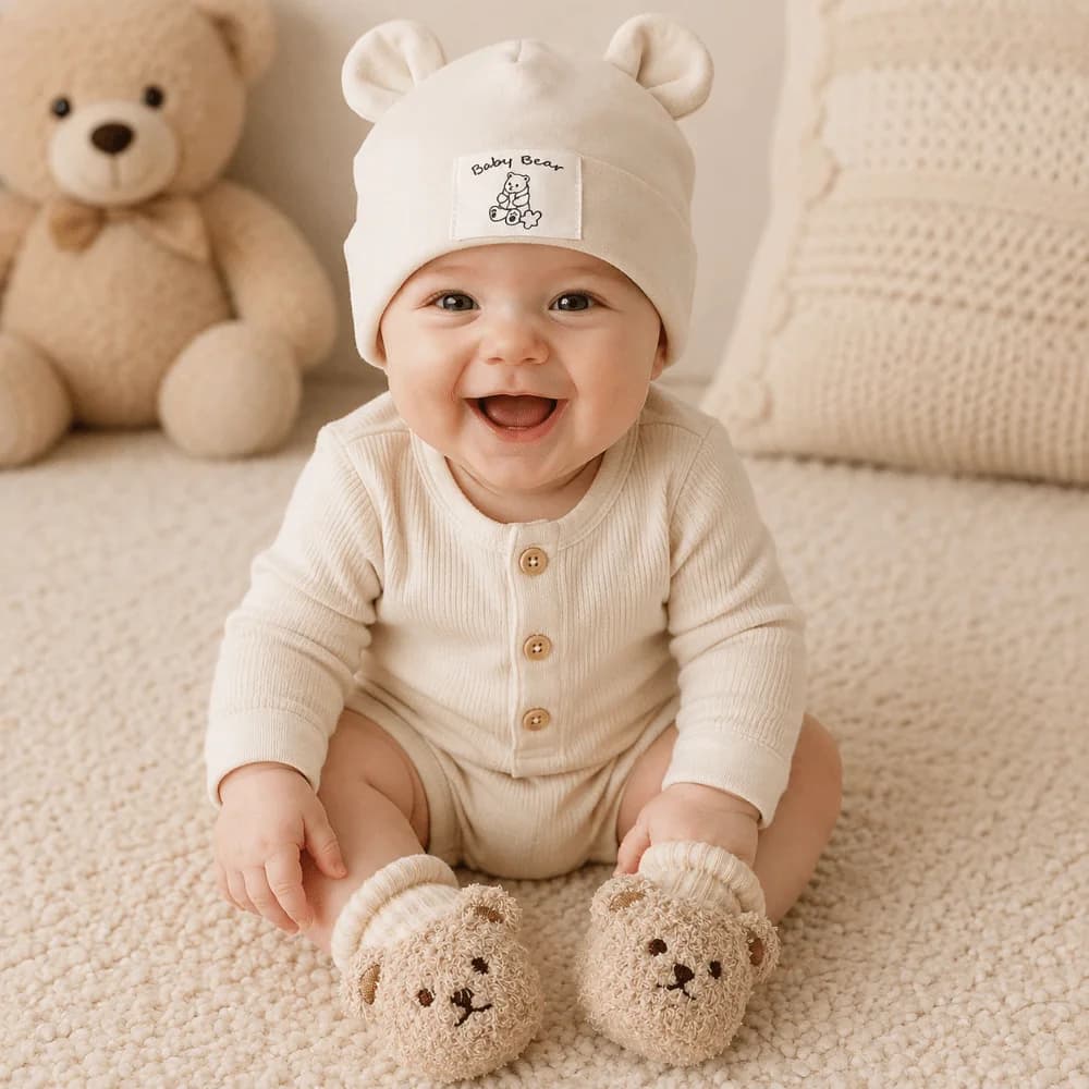 2Pcs/Set Cute Cotton Baby Hat Socks Set Soft Breathable Bear Ear Beanie Warm Cartoon Prewalker Socks for Newborn
