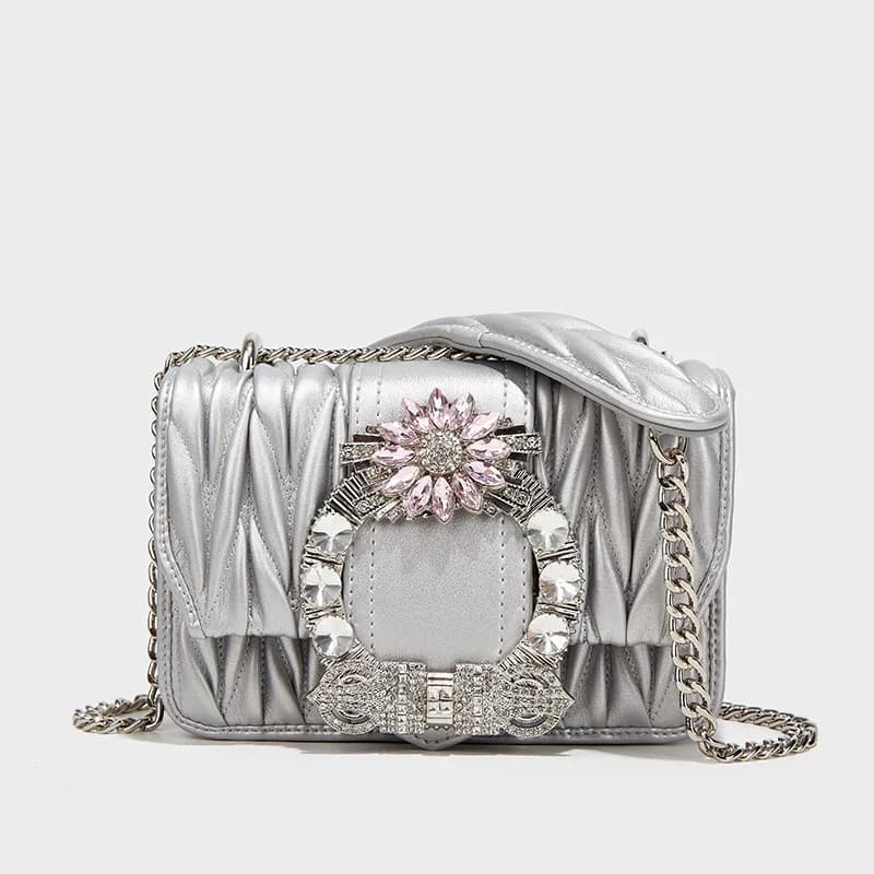 Borsa quadrata testurizzata pieghettata alla moda Borsa da donna Borsa a tracolla con tracolla di lusso con diamanti lucidi in cristallo