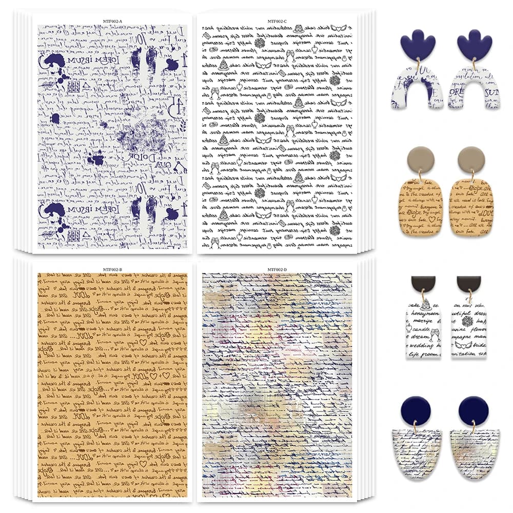 Vintage Manuscript Sublimation Transfer Sheets for Earrings, 4 Styles Retro Letter Heat Transfer Paper for DIY Jewelry Making