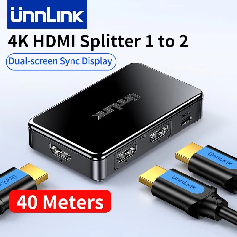 Unnlink 4K HDMI Splitter 1X2 UHD 4K 30Hz FHD1080P 60Hz 1 In 2 Out for Smart TV MI Box to TV Projector Monitor