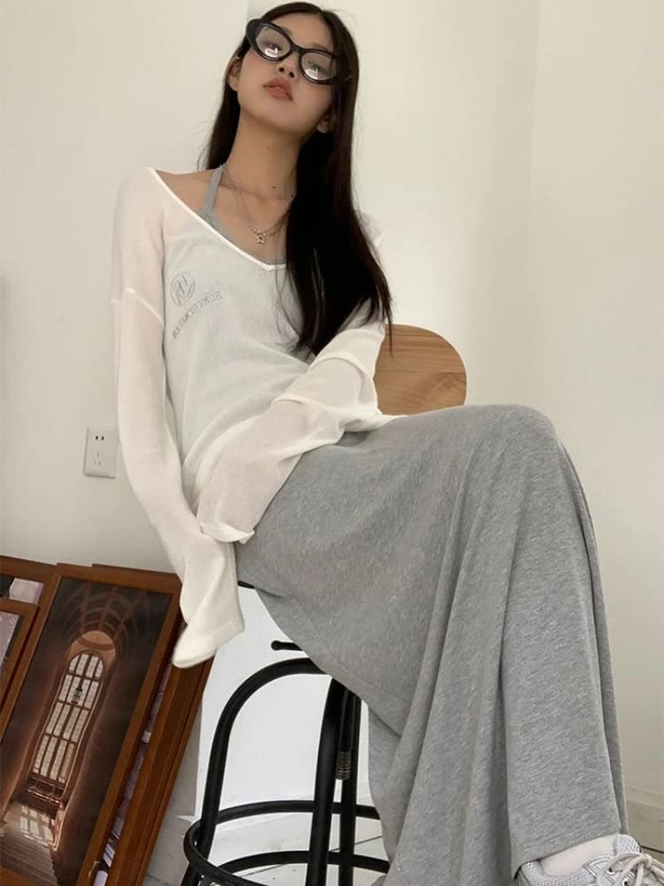 Estate 2 pezzi set donna halter maxi abiti senza schienale + T-shirt trasparenti a prova di sole temperamento moda coreana puro sottile traspirante