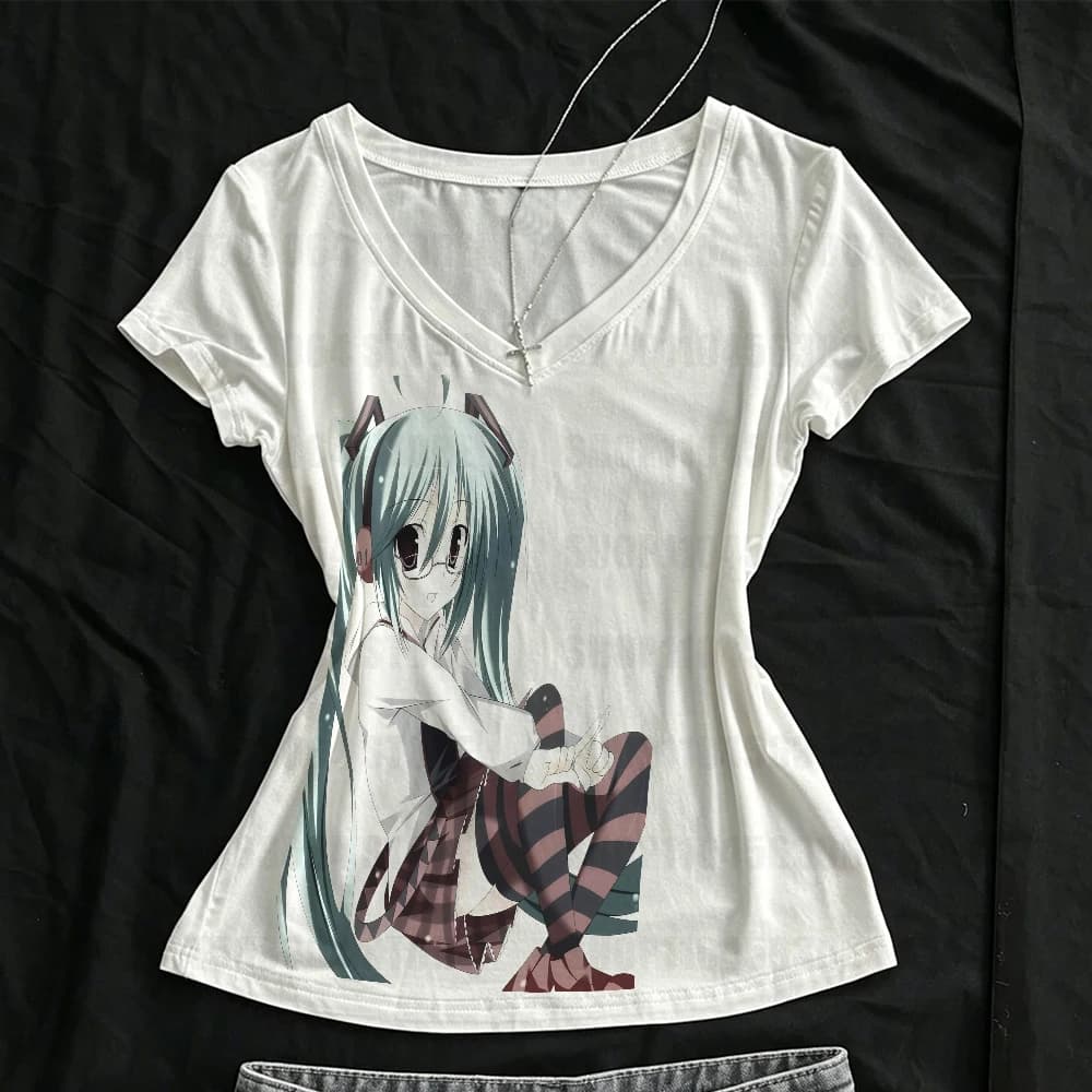 Gothic Japanese Y2k Kitty Women's Short sleeved V-neck Women's Harajuku Kpop 90s Retro Pattern T-shirt Y2k