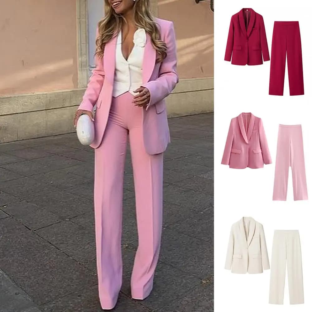 Set di pantaloni solidi casual da donna giacca a maniche lunghe con risvolto in vita sottile pantaloni dritti a vita alta 2025 abiti