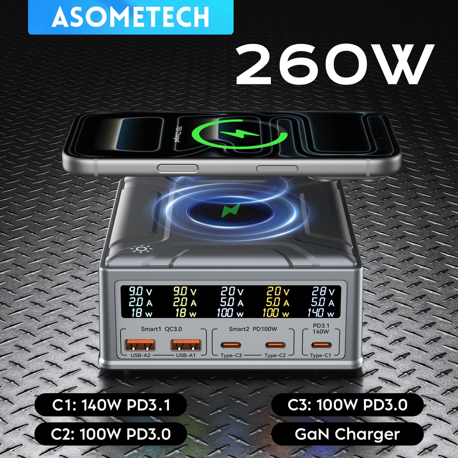 260W GaN USB C Charger Digital Display Desktop USB Type C Charger 140W PD3.1 PPS QC4.0 Wireless Charger For Laptop Tablet Phone