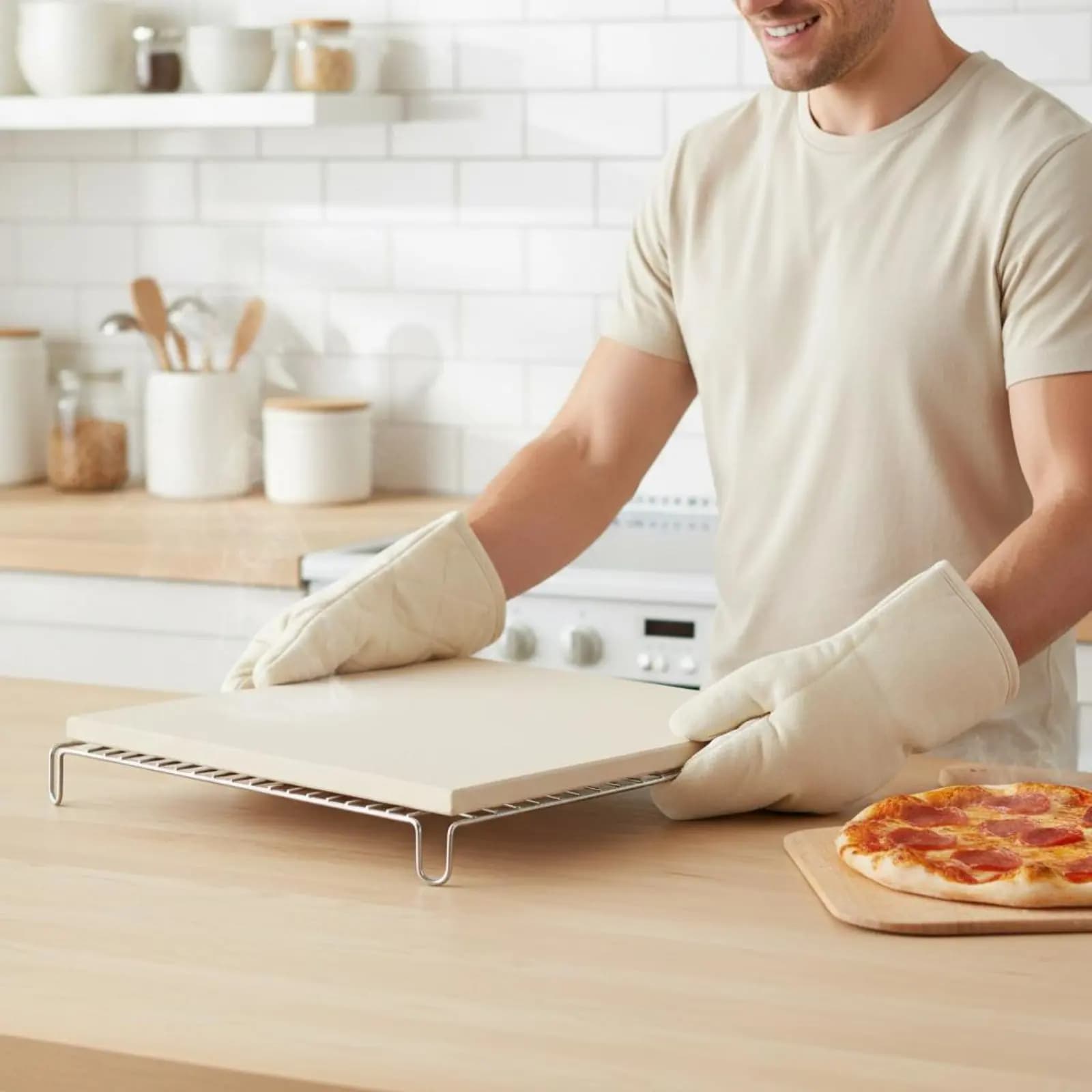 3 Pieces Pizza Stone Set Even Heat Distribution Pizza Stone with Rack and Cutter Bakeware Creates Crispy Crust Easy to Clean