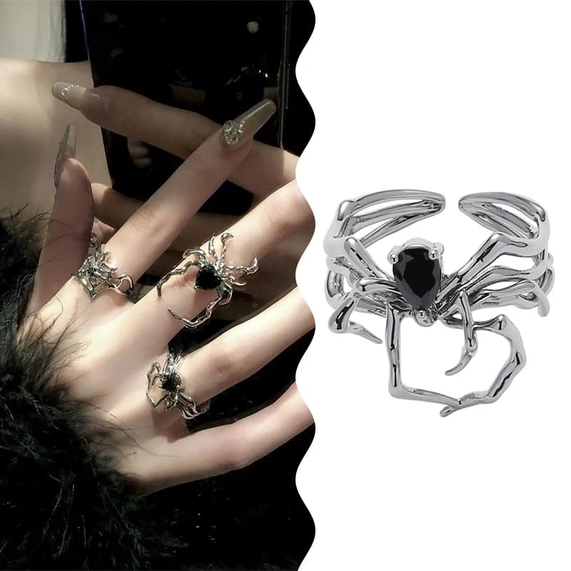 Galvanotecnica Cuore nero Ragnatela Anelli per dita con apertura Anello irregolare punk gotico di Halloween Regali per gioielli per feste unisex