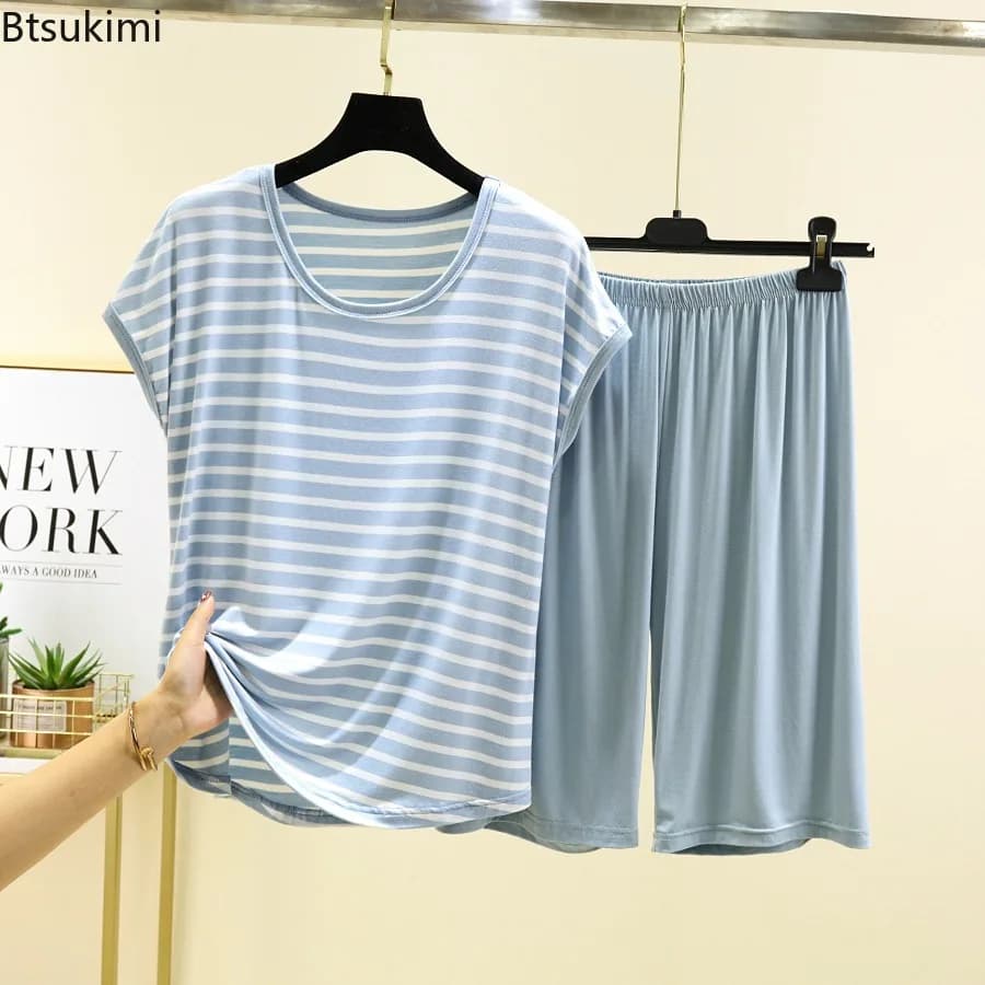Loose Round Neck Sleeveless Modal Pajamas Set Women's Summer Home Clothes Striped Vest and Shorts Two-Piece Set Casual Sleepwear