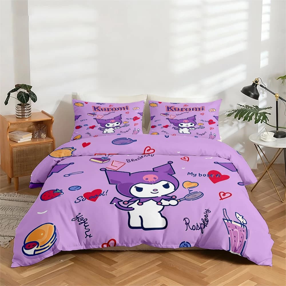 Set di biancheria da letto stampata digitalmente ad alta definizione da 3 pezzi, set copripiumino con motivo floreale grande Kuromi, include 1 copripiumino + 2 federe, adatto per camera da letto, camera degli ospiti, decorazioni per la casa, copripiumino + federe in fibra di poliestere, biancheria da letto ultra morbida, tessuto spesso, adatto a tutte le stagioni, lavabile in lavatrice