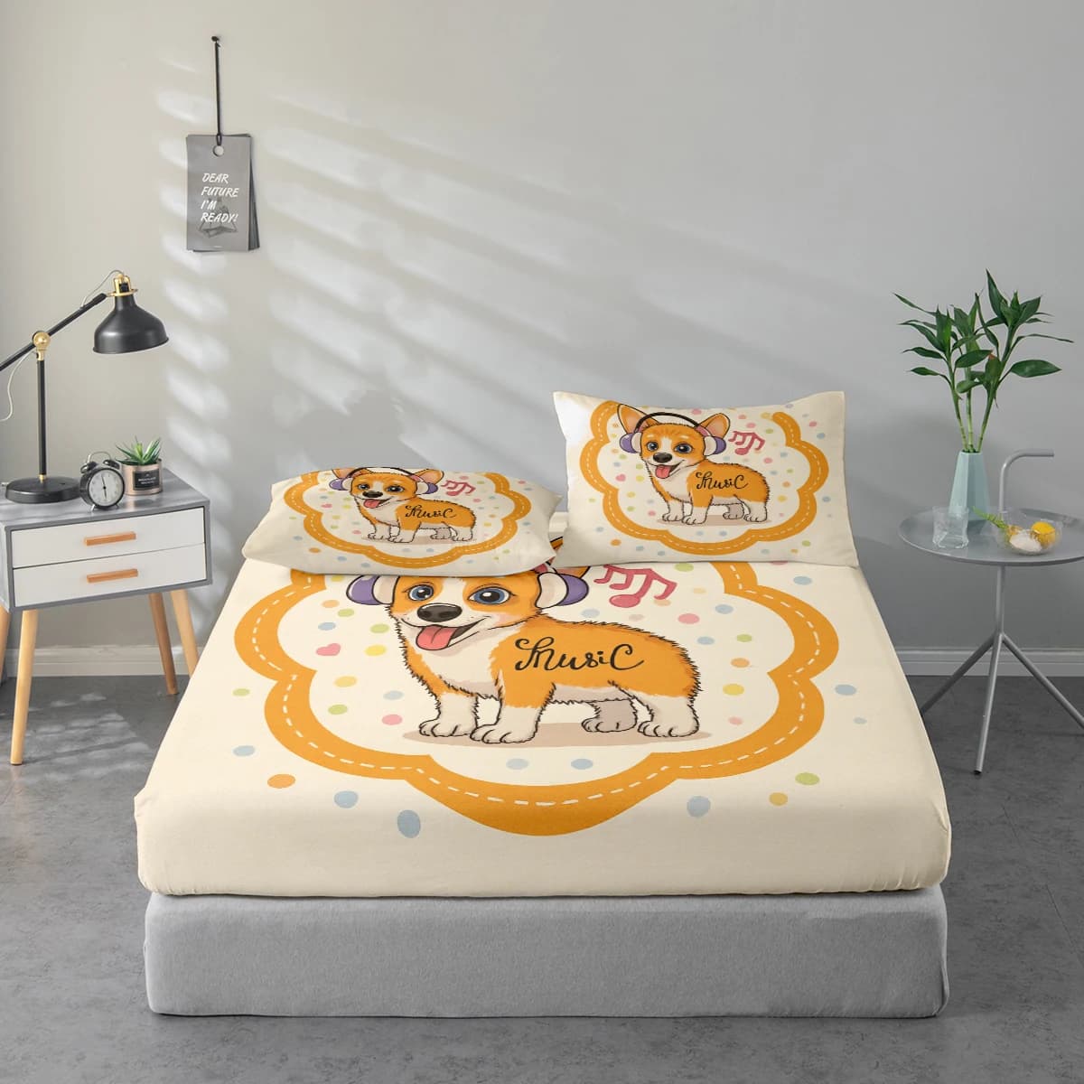 Set di lenzuola stampate con motivo Corgi che indossa cuffie e ascolta musica, protezione per materasso e combinazione federa, set di lenzuola stampate ad alta definizione include 1 lenzuolo + 1 o 2 federe (1 federa per 60*100cm e 2 federe per 72*132cm, il resto delle misure ha 2 federe), adatto per camera da letto e stanza degli ospiti, biancheria da letto in poliestere ultra morbido, lavabile in lavatrice, utilizzabile in tutte le stagioni