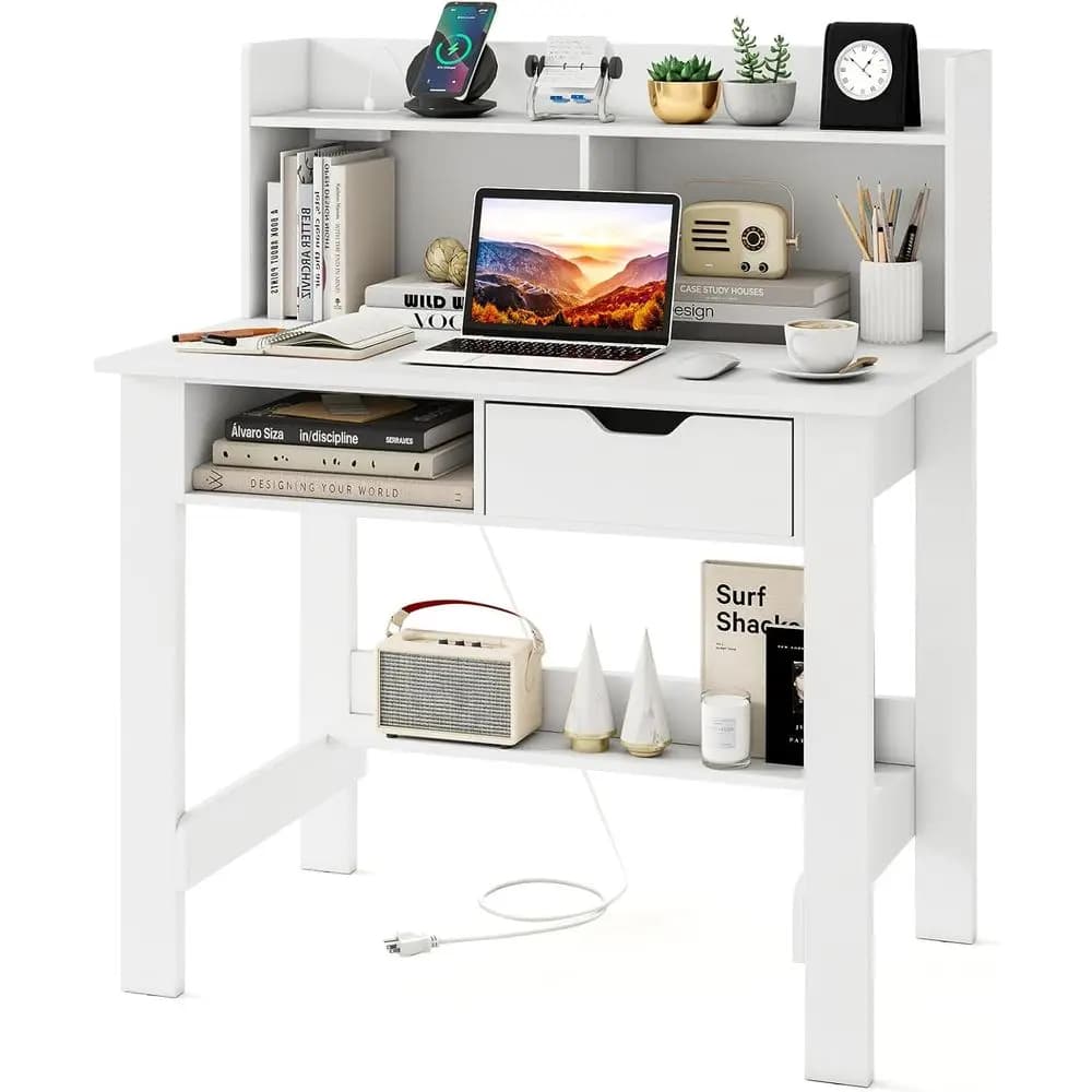 Scrivania Moderna con Mobiletto Superiore, Ricarica USB e Type-C, Gestione Cavi, Scaffali Portaoggetti per Ufficio Domestico o Studio